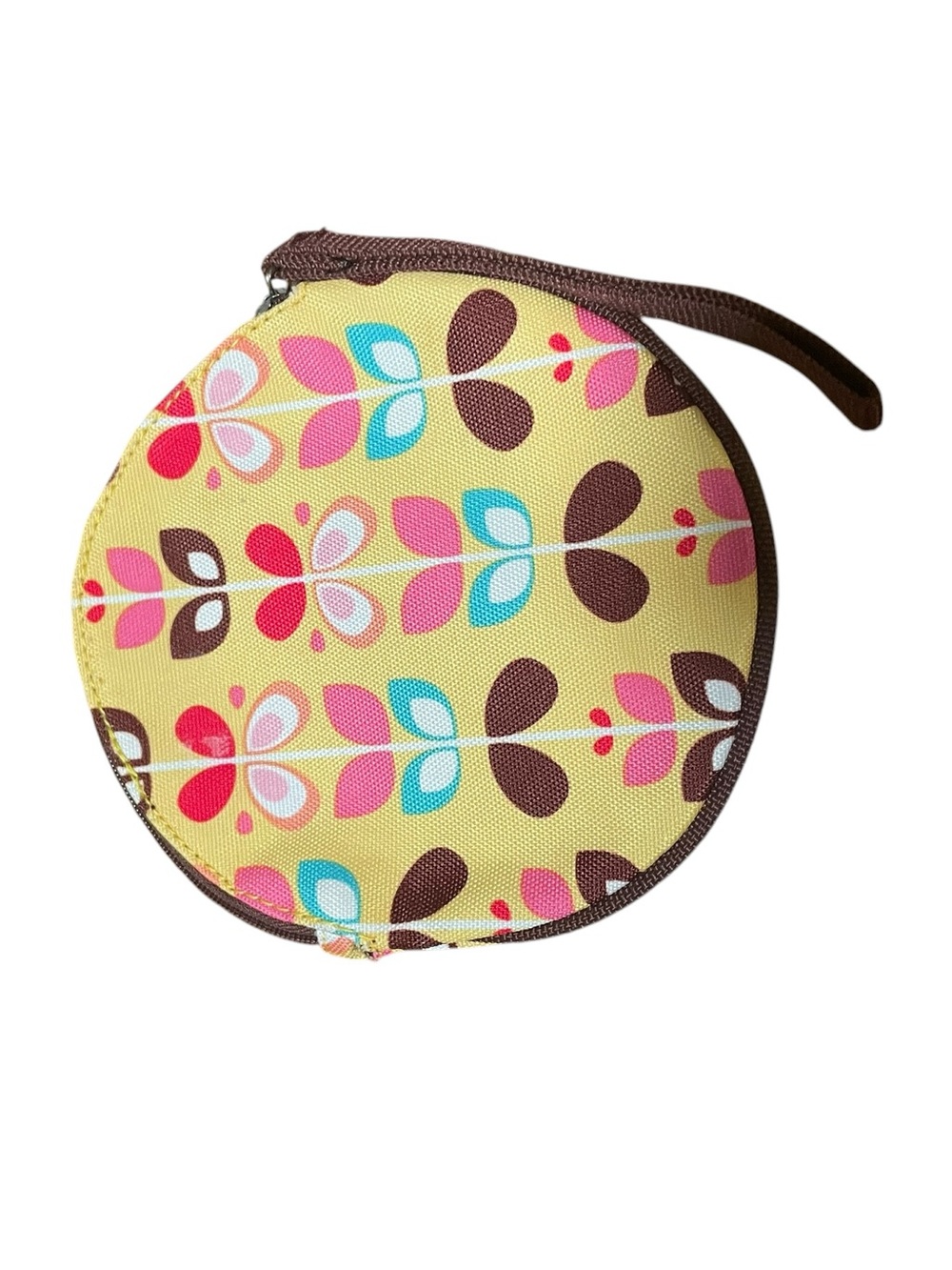 Round Floral Zip Wristlet Pouch in Yellow, Pink, Teal and Brown